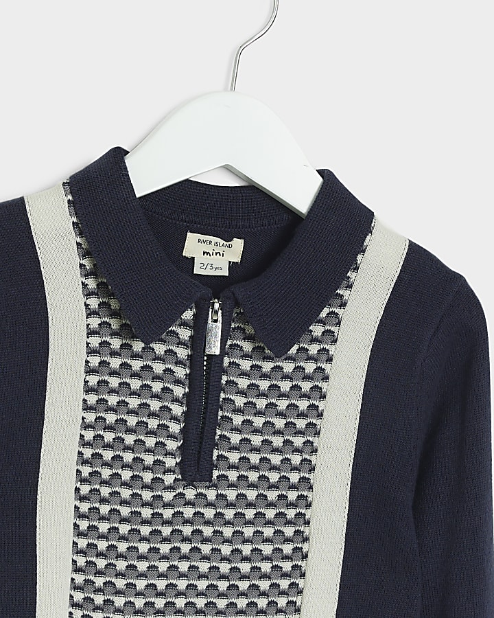 Mini Boys Navy Geometric print knit Polo Top