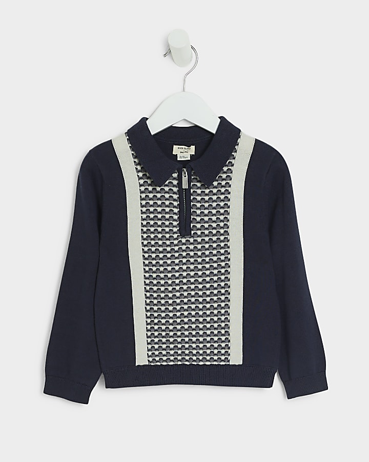 Mini Boys Navy Geometric print knit Polo Top