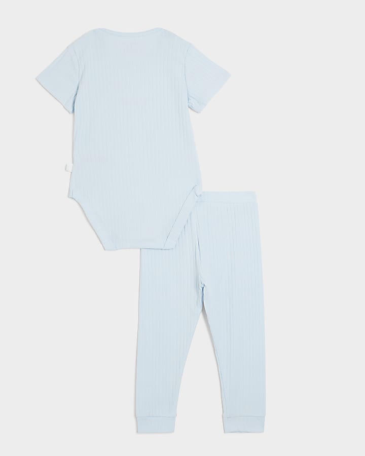 Baby blue ribbed embroidered all in one set