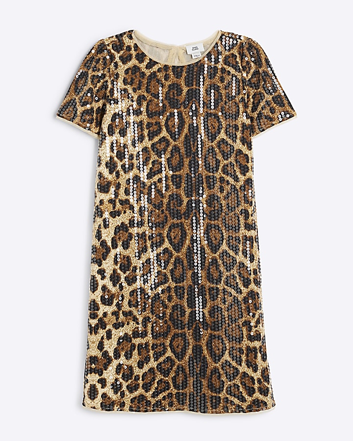 Girls Brown Leopard Sequin T Shirt Dress River Island