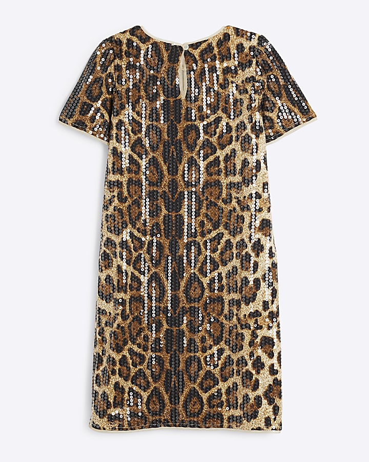 Girls Brown Leopard Sequin T-Shirt Dress