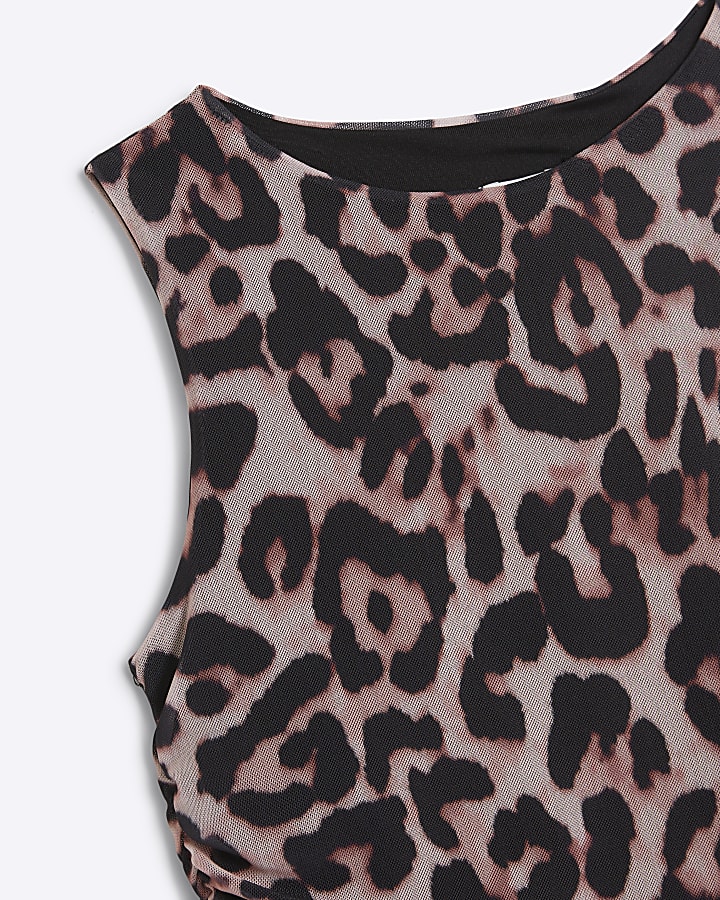 Girls brown mesh leopard print tank top set