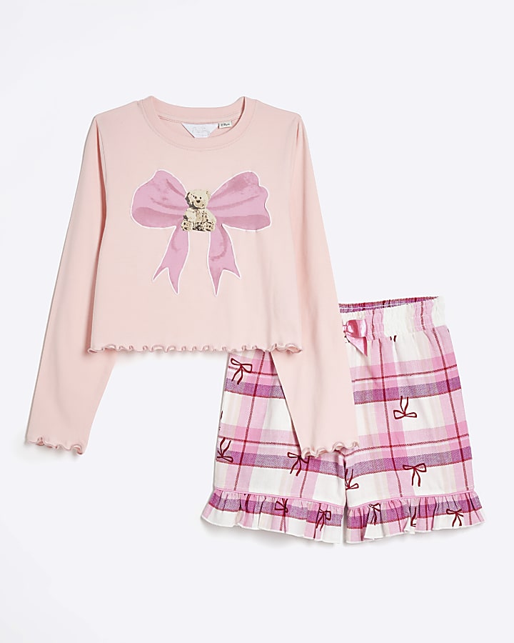 Girls Grey Teddy Bow Pyjama Set