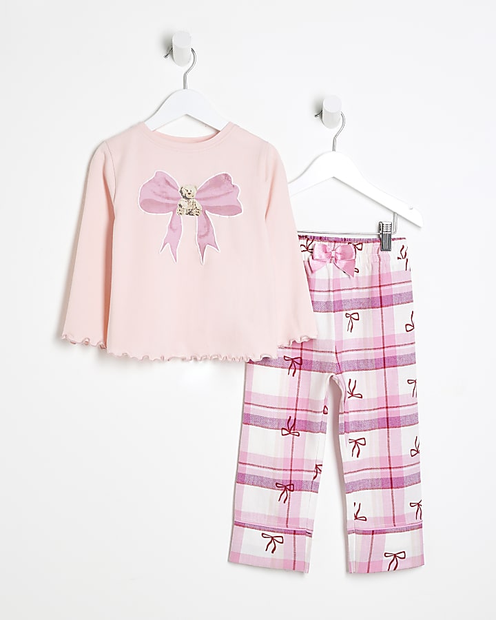 Mini Girls Grey Teddy Bow Check Pyjama Set