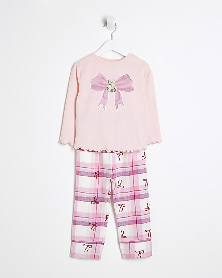 Mini Girls Grey Teddy Bow Check Pyjama Set