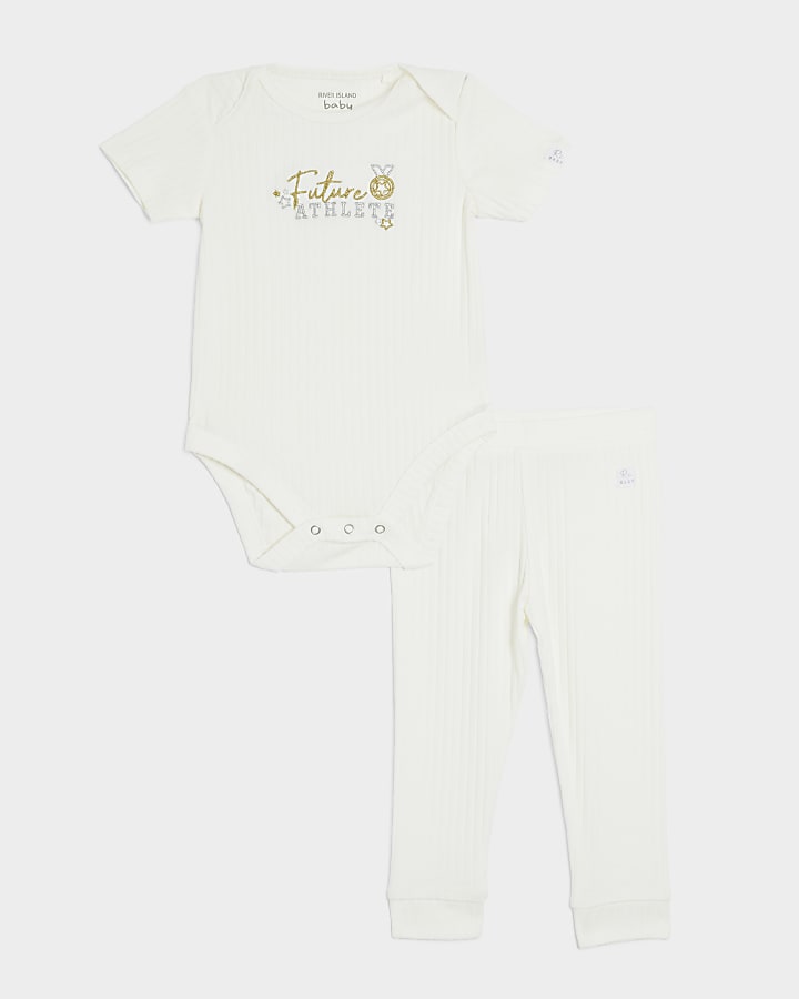 Baby beige rib future athlete all in one set