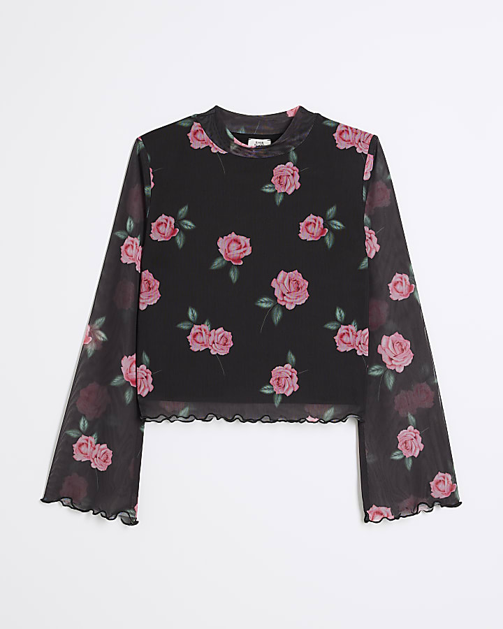 Girls black mesh floral long sleeve top