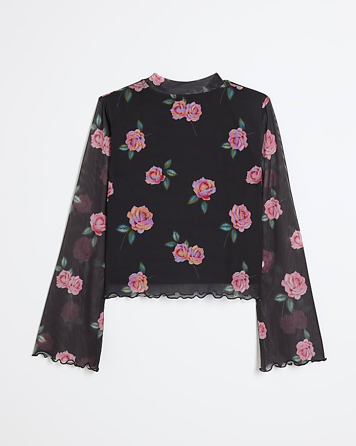 Girls black mesh floral long sleeve top