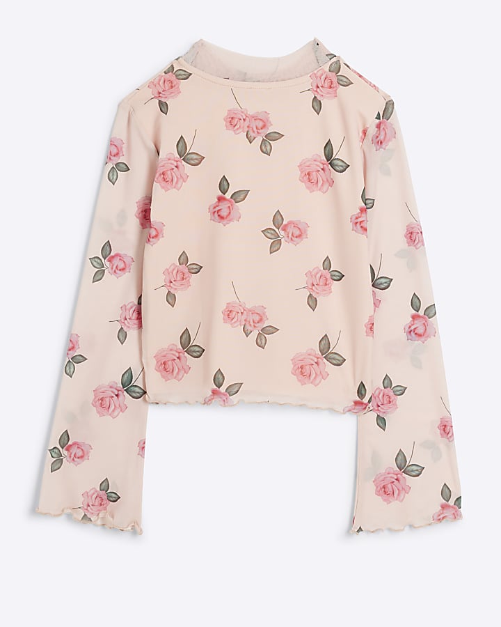 Girls beige mesh floral long sleeve top