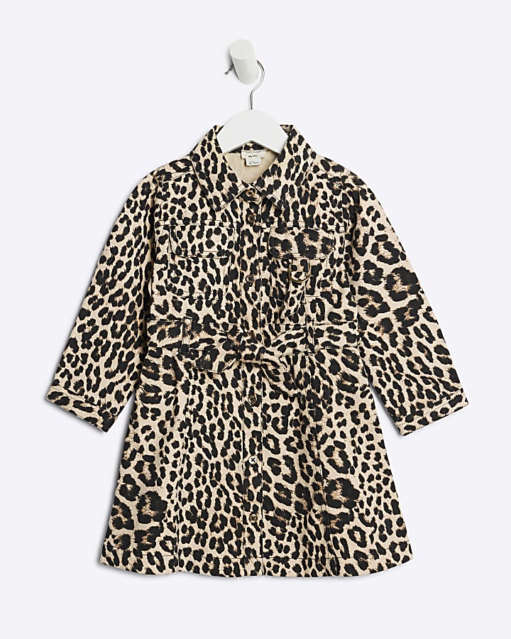 Mini Girls Brown Denim Leopard Dress