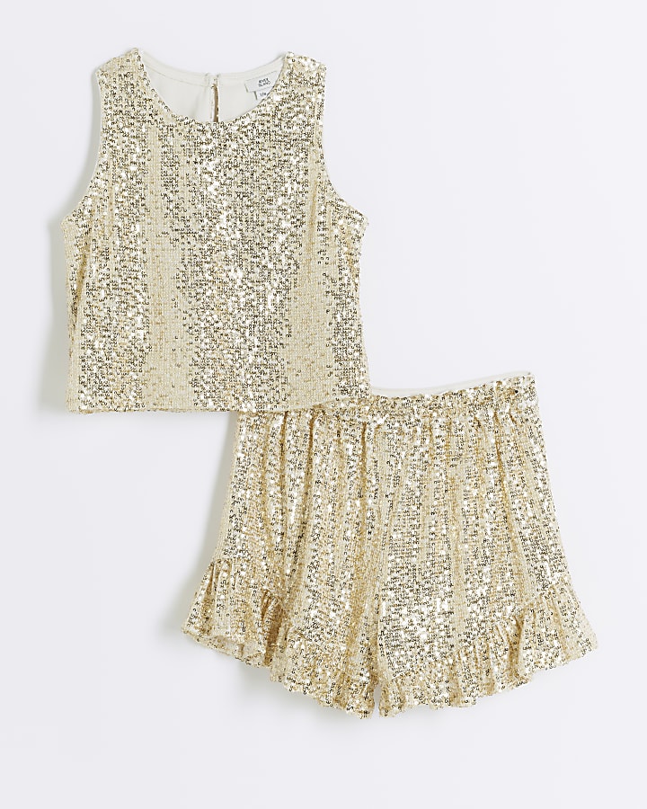 Girls gold sequin vest and shorts set River Island