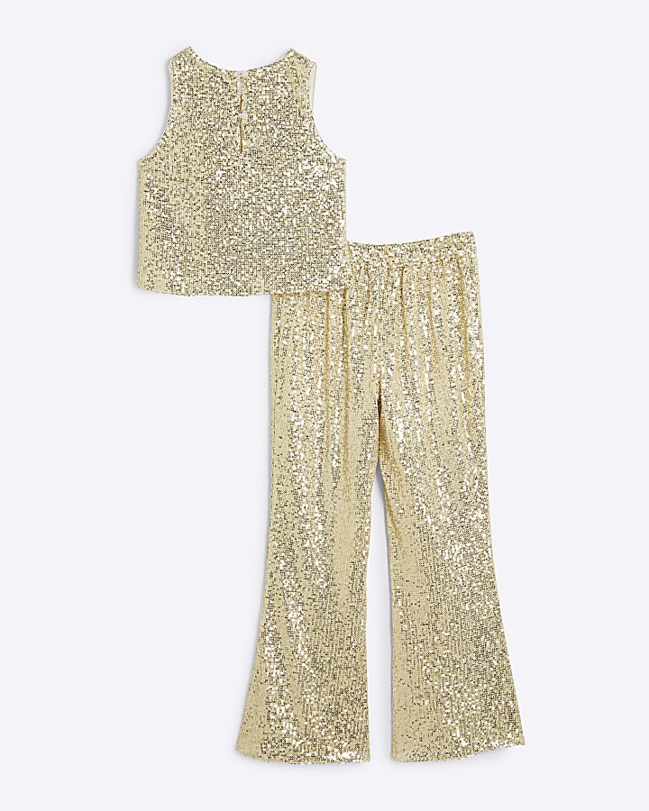 Girls gold sequin vest top and flares set