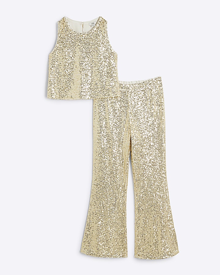 Girls gold sequin vest top and flares set River Island