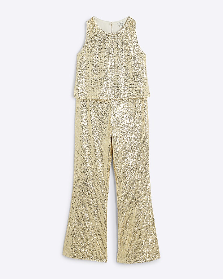 Girls gold sequin vest top and flares set