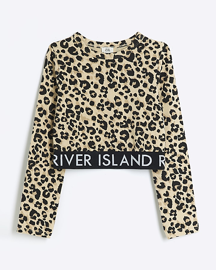 Girls Beige leopard long sleeve top