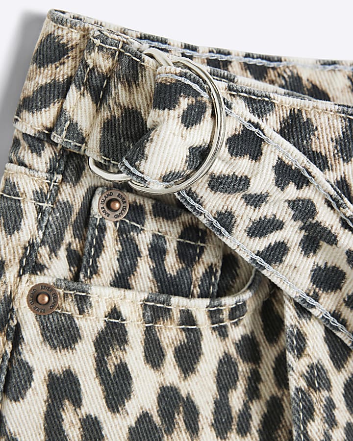 Girls Beige Leopard Print Denim Skort