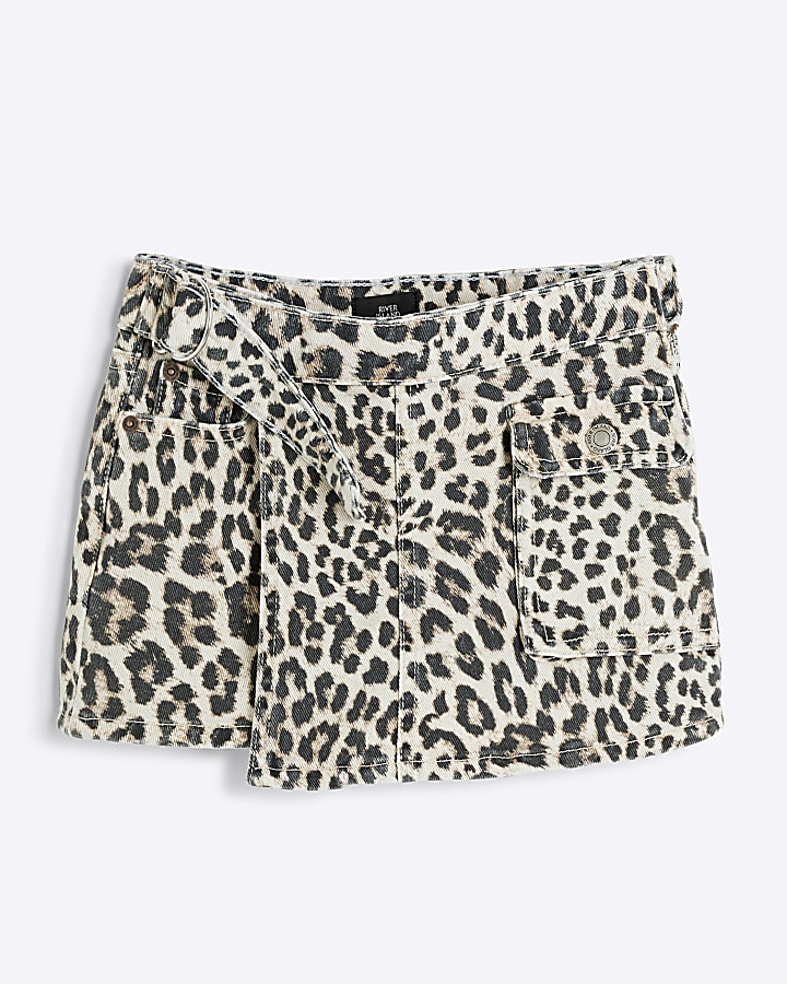 Girls Beige Leopard Print Denim Skort