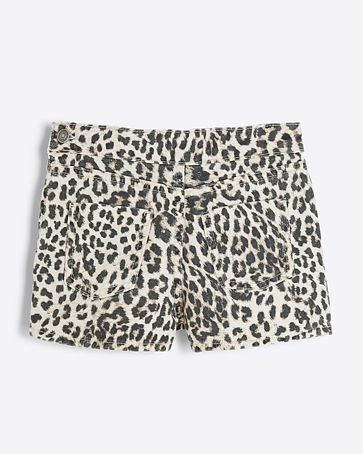 Girls Beige Leopard Print Denim Skort