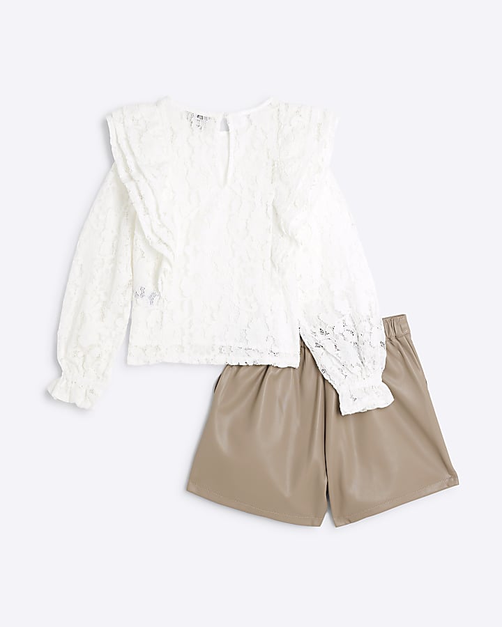 Girls Cream Lace Blouse And Short Set