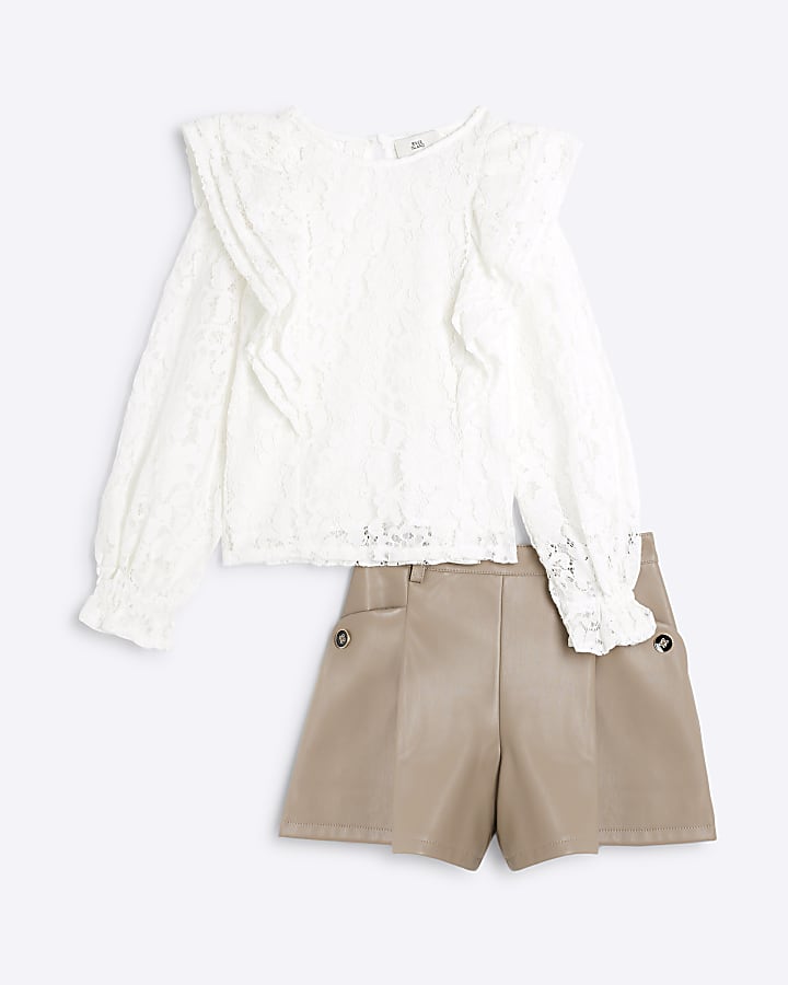 Girls Cream Lace Blouse And Short Set