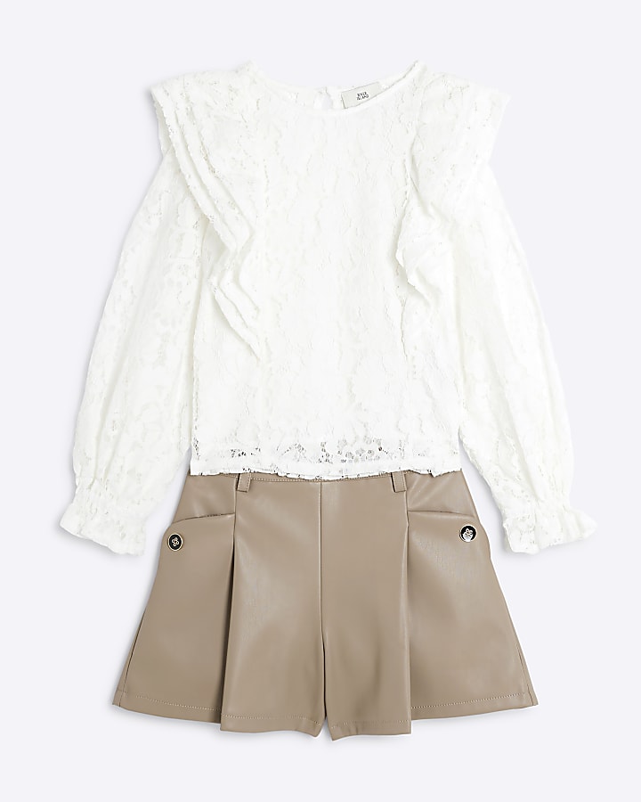 Girls Cream Lace Blouse And Short Set