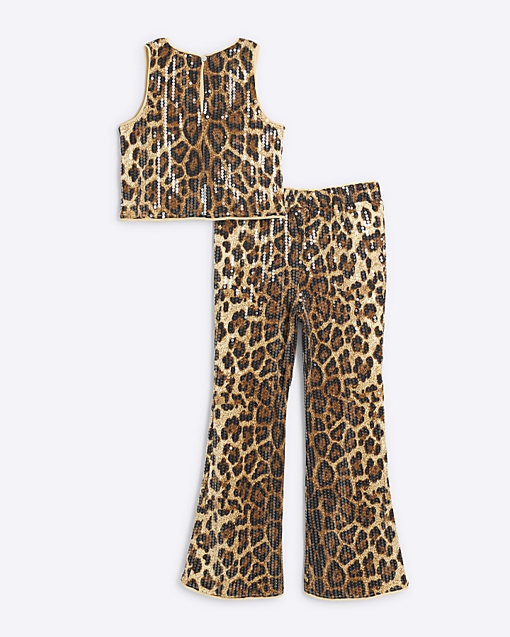 Girls Brown Leopard Sequin Top and Flares Set