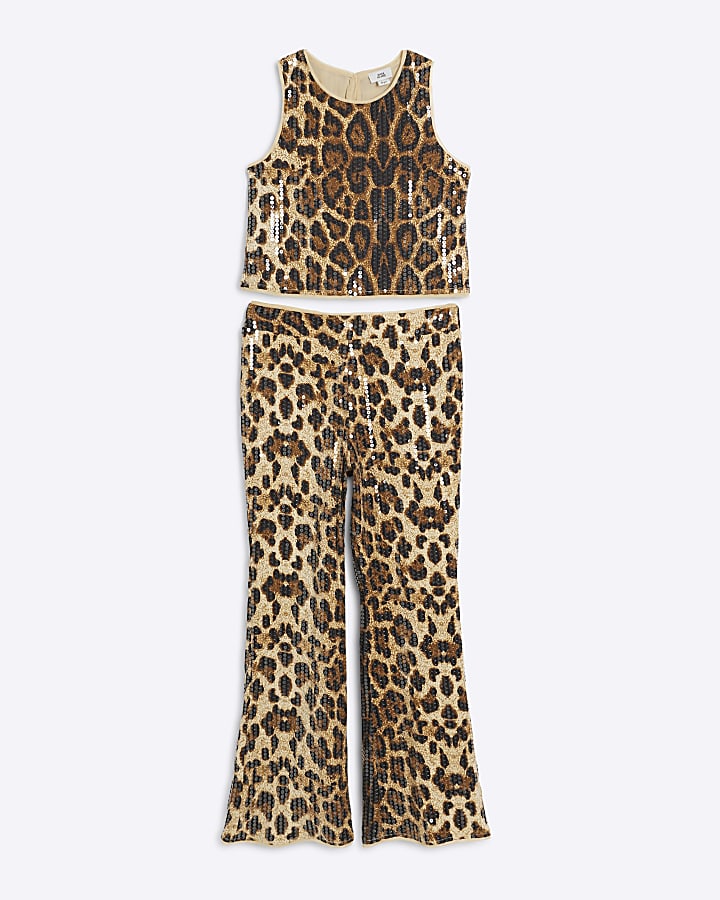 Girls Brown Leopard Sequin Top and Flares Set