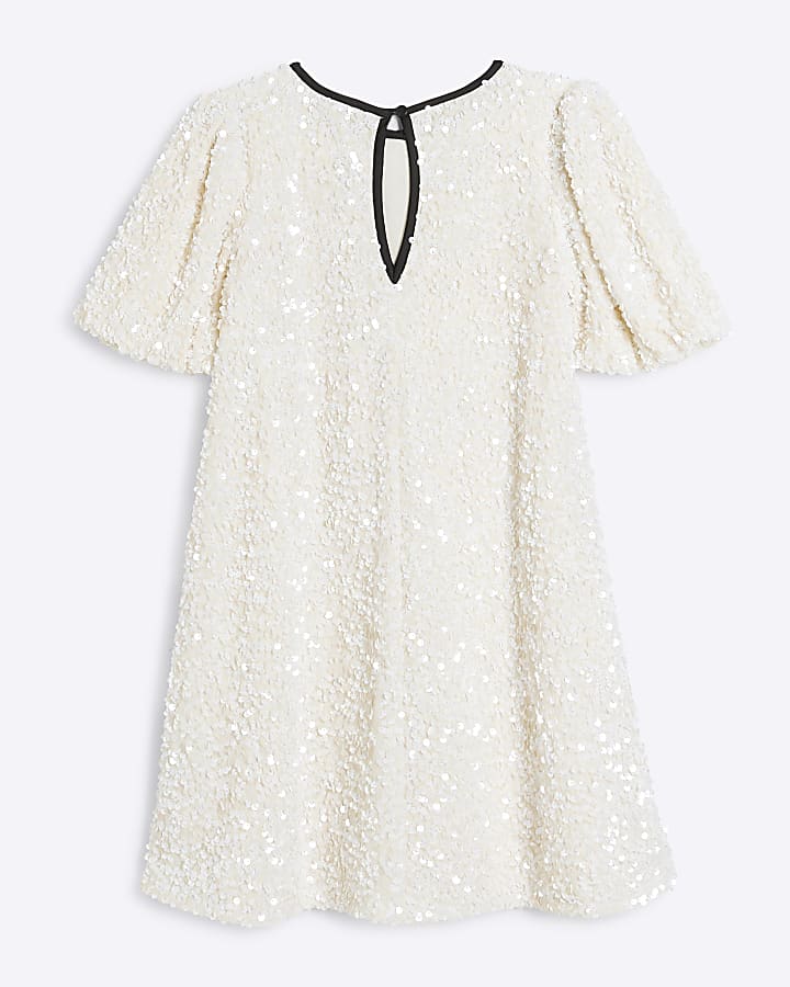 Girls Cream Sequin Velour Shift Dress