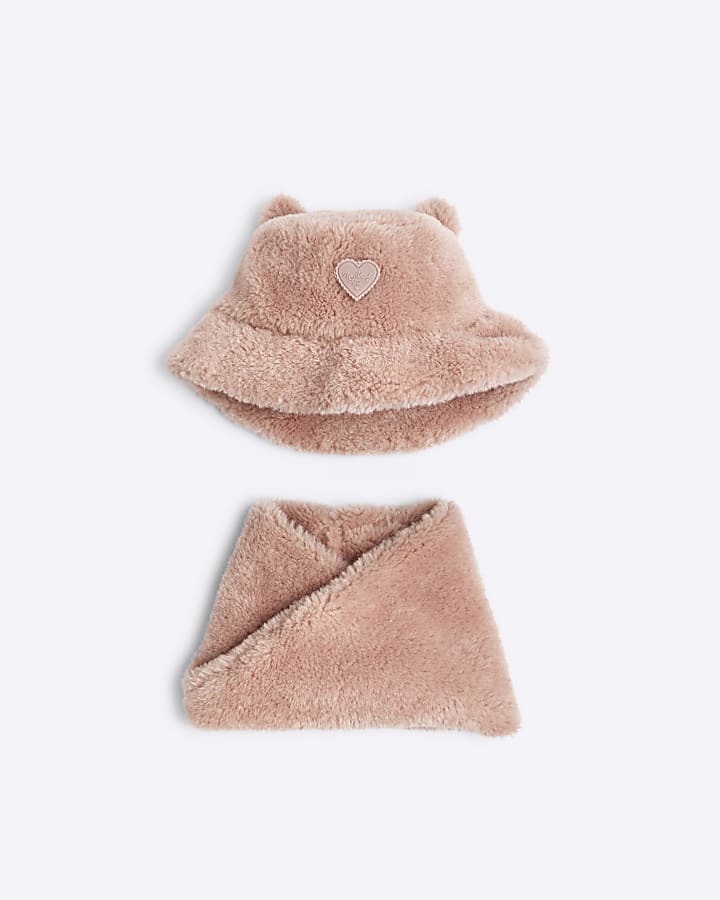 Mini Girls Pink Bucket Hat And Snood Set