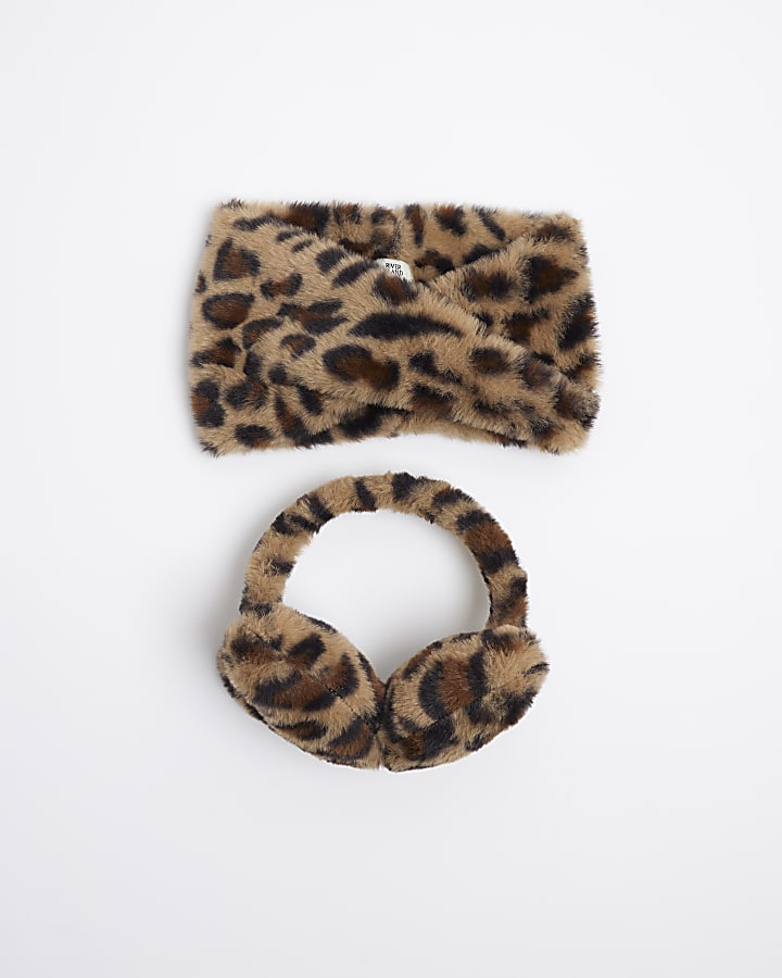 Mini Girls Beige Leopard Earmuff Snood Set