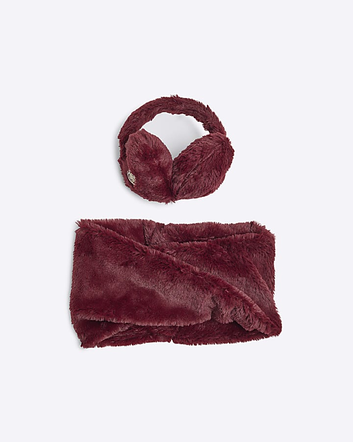 Girls Red Faux Fur Ear Muff And Snood Set