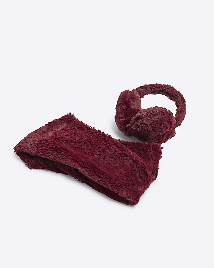 Girls Red Faux Fur Ear Muff And Snood Set