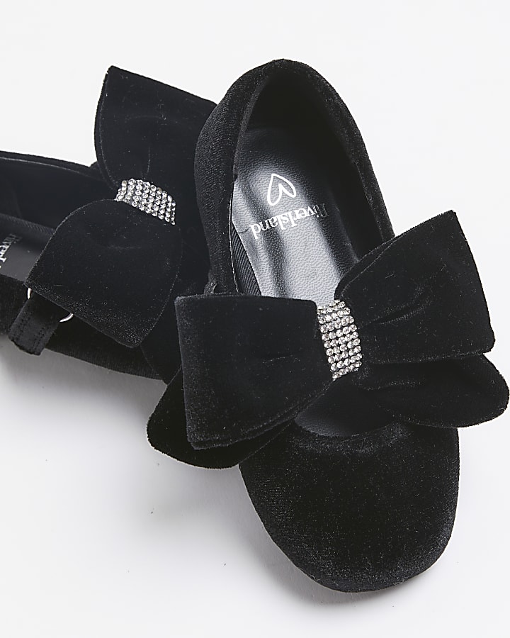 Mini Girls Black Velvet Oversized Bow Shoes