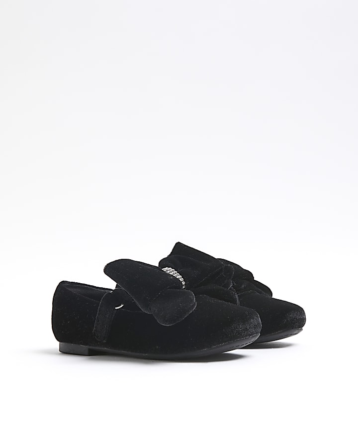 Mini Girls Black Velvet Oversized Bow Shoes