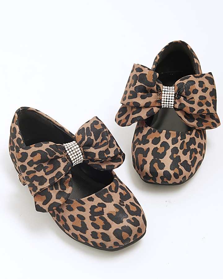 Mini Girls Brown Leopard Oversized Bow Shoes