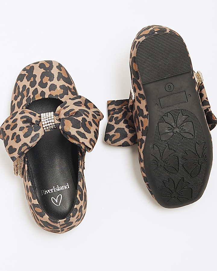 Mini Girls Brown Leopard Oversized Bow Shoes