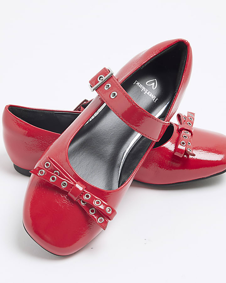 Girls Red Faux Leather Bow Ballet Shoes