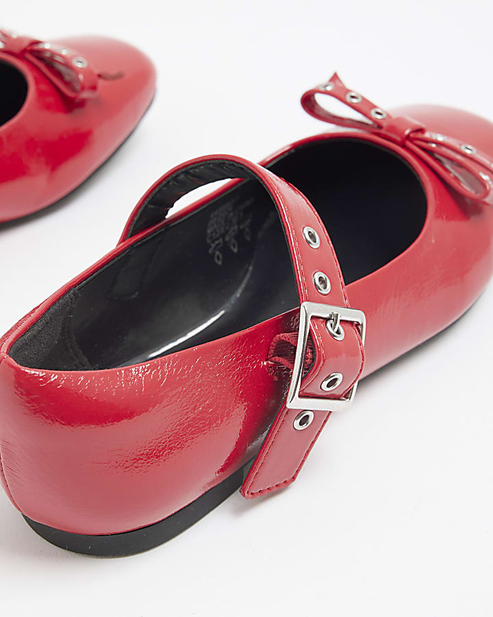 Girls Red Faux Leather Bow Ballet Shoes