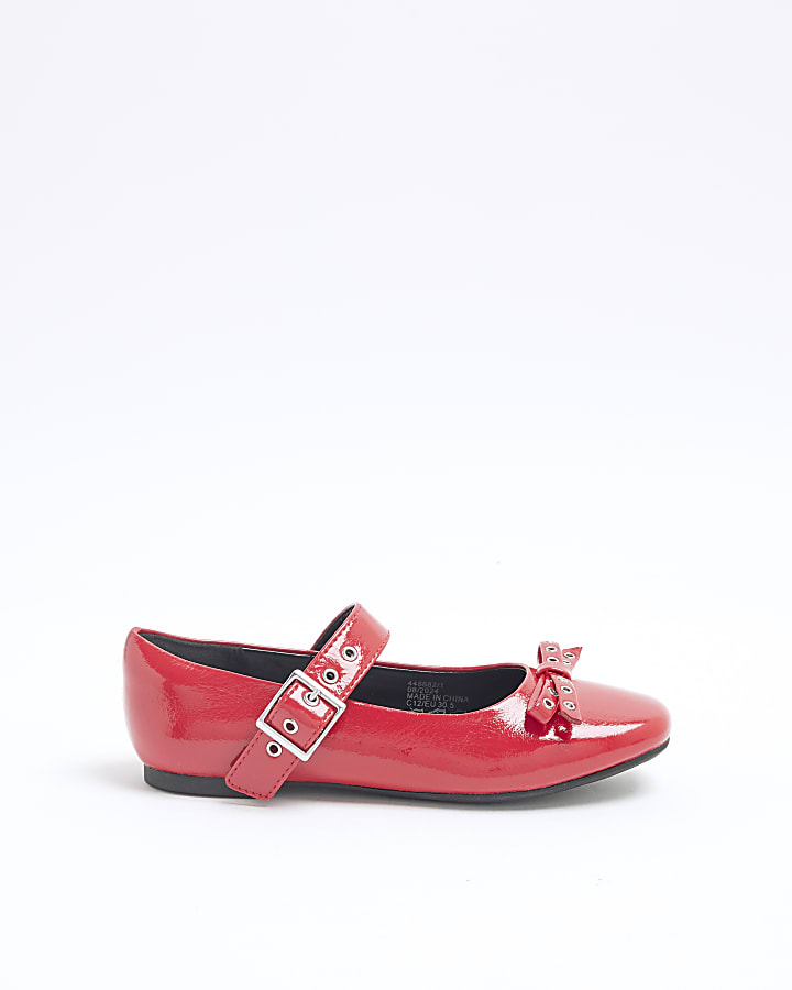 Girls Red Faux Leather Bow Ballet Shoes