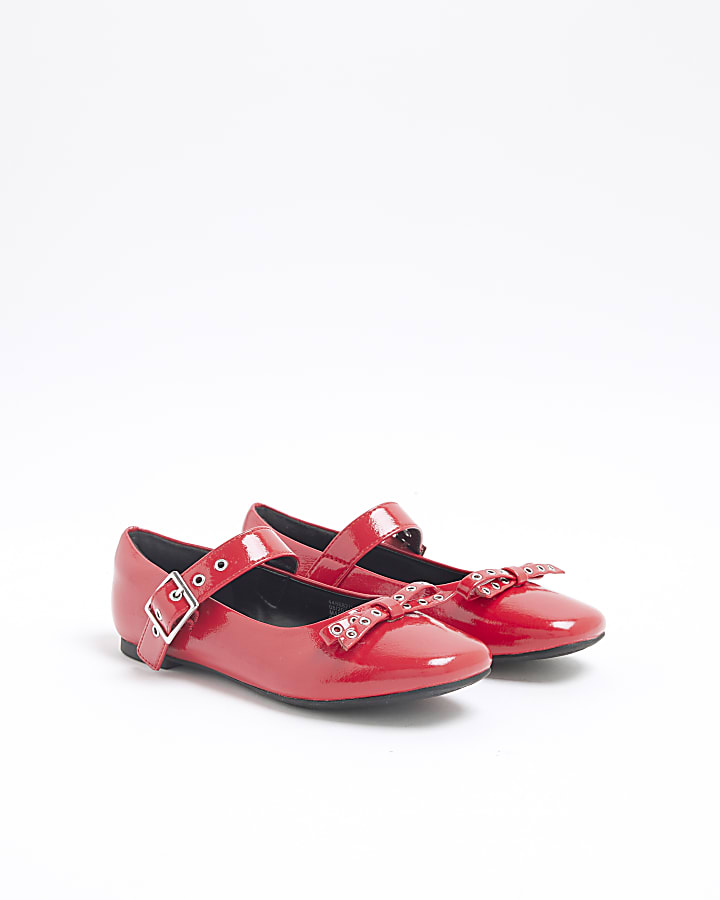 Girls Red Faux Leather Bow Ballet Shoes