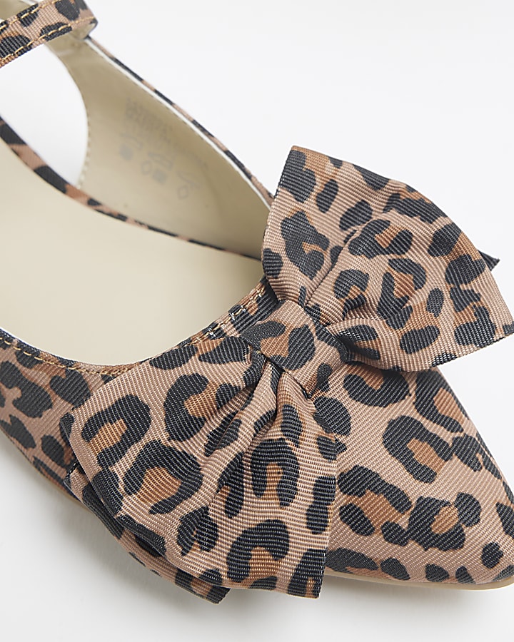 Girls Brown Leopard Oversized Bow Shoes