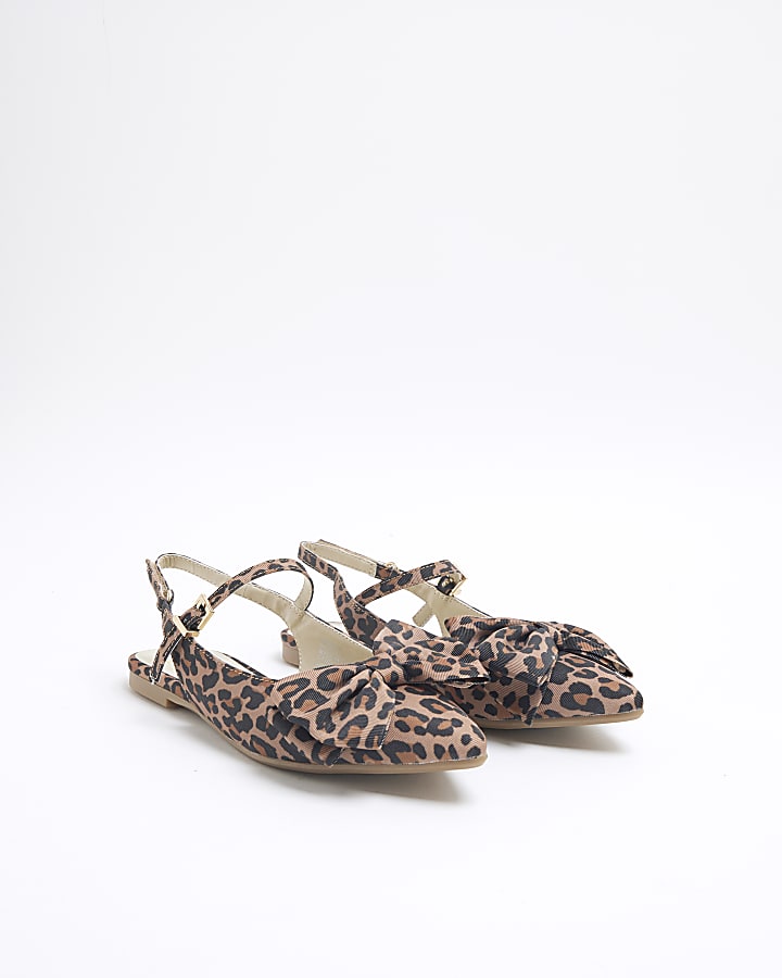 Girls Brown Leopard Oversized Bow Shoes