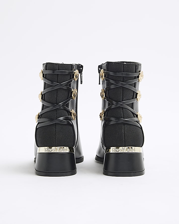 Girls Black Military Heeled Boots