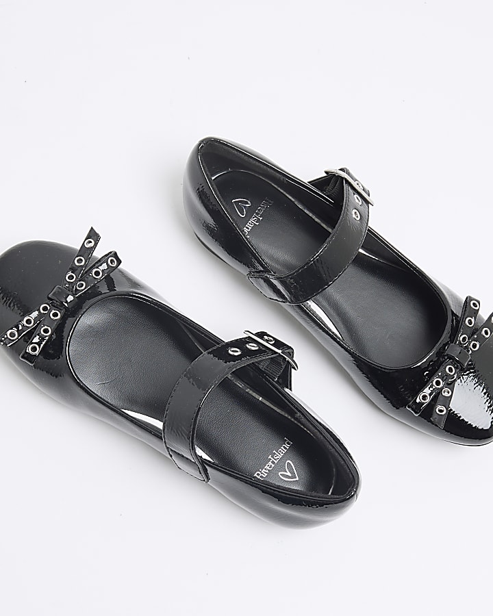 Girls Black Faux Leather Bow Ballet Shoes