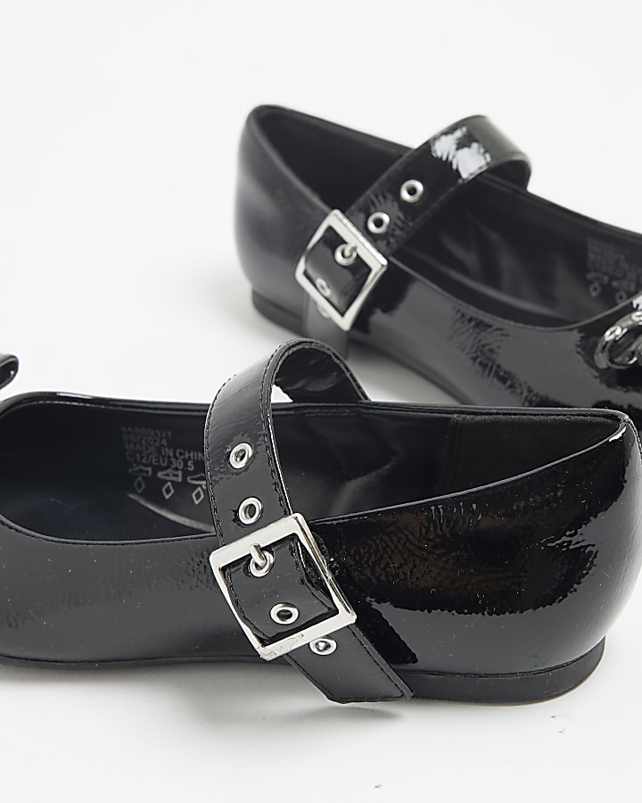 Girls Black Faux Leather Bow Ballet Shoes