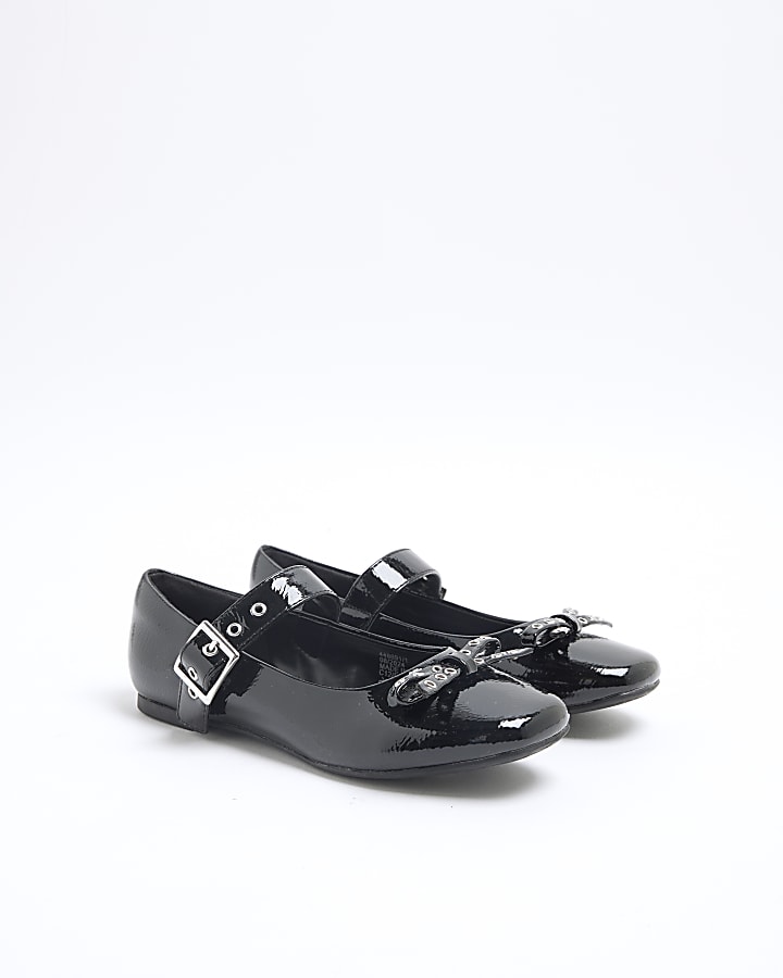 Girls Black Faux Leather Bow Ballet Shoes