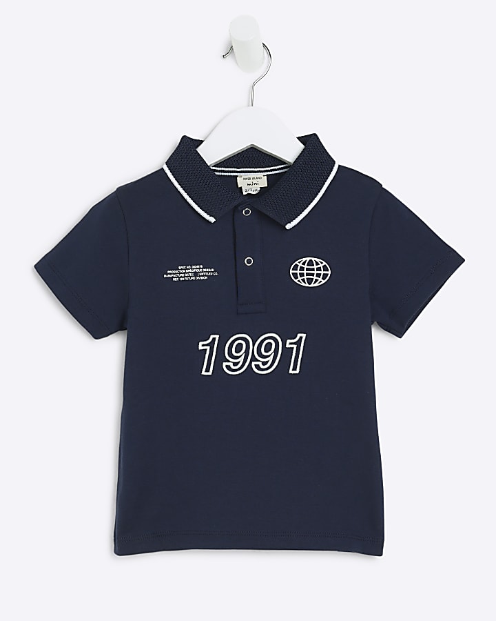 Mini Boys Navy Tipped 1991 Graphic Polo Shirt