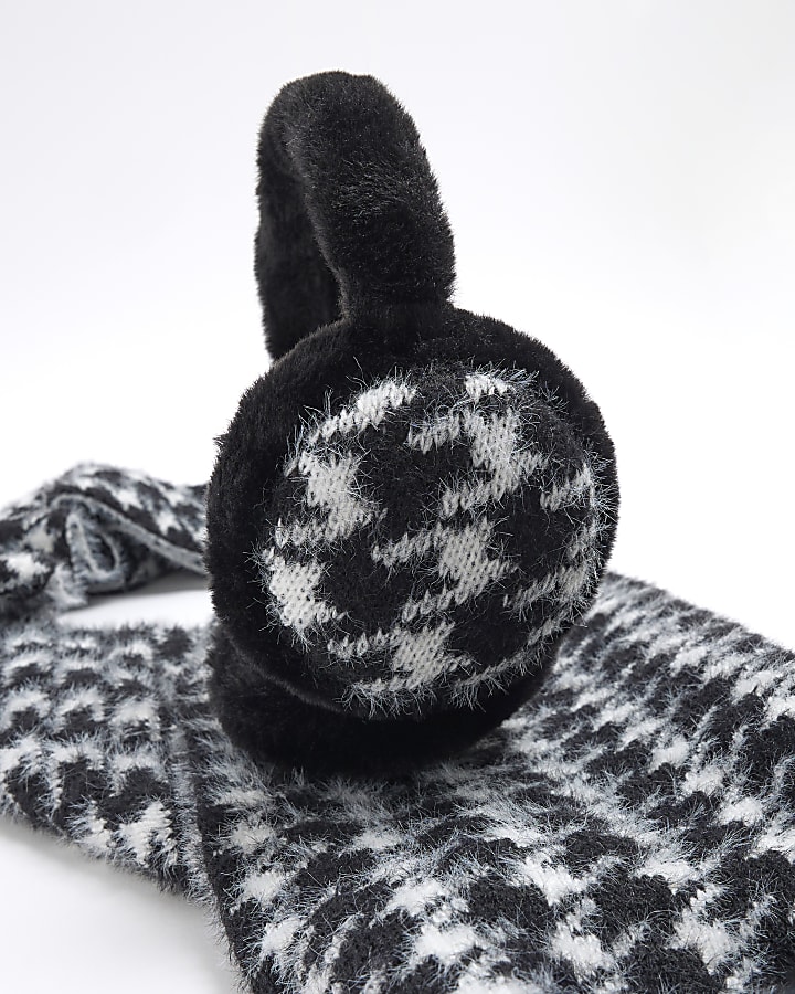 Girls White Dogtooth Earmuff And Scarf Set