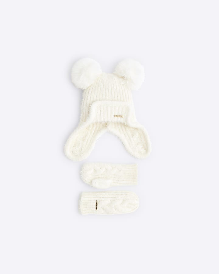 Mini Girls Cream Trapper Hat and Mittens Set