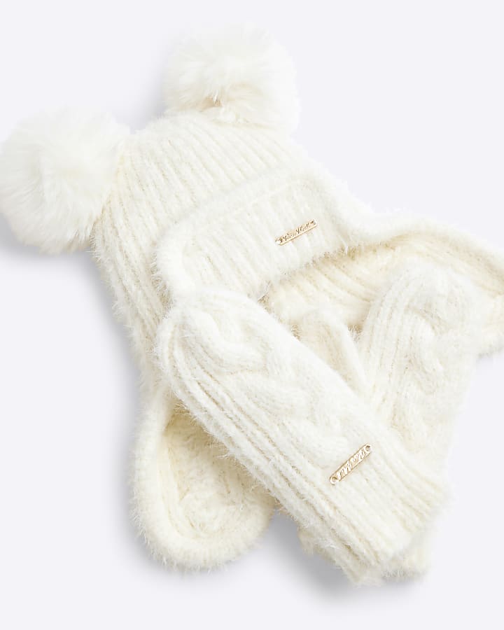 Mini Girls Cream Trapper Hat and Mittens Set